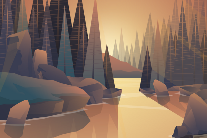 Forest river and mountain with warm tone  Illustration