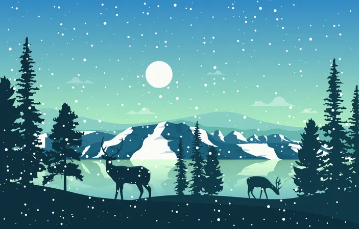 Forêt de pins des neiges et lac de montagne avec cerfs  Illustration