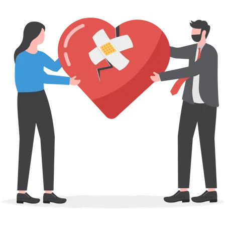 Forgiveness To Keep The Relationship Last Long Togetherness Or Love Couple Concept Happy Man And Woman Husband And Wife With Bandage On Broken Heart Shape As Forgiveness Symbol Illustration