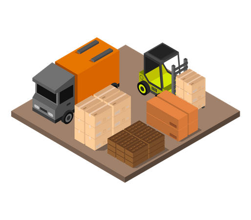 Fork lift unloading product boxes from truck Illustration