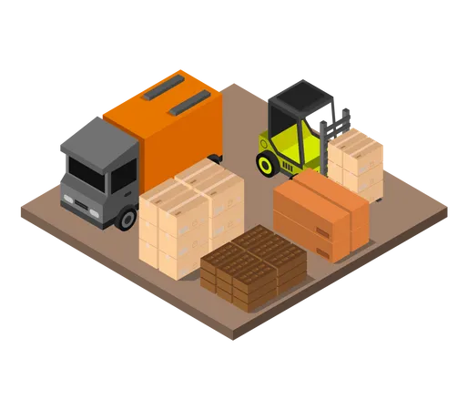 Fork lift unloading product boxes from truck Illustration