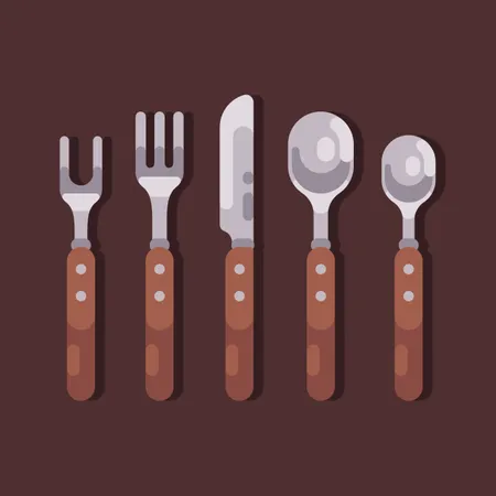 Forks, spoons, knife with wooden handles  일러스트레이션