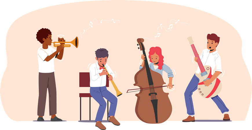 Crianças treinando na escola de música  Ilustração