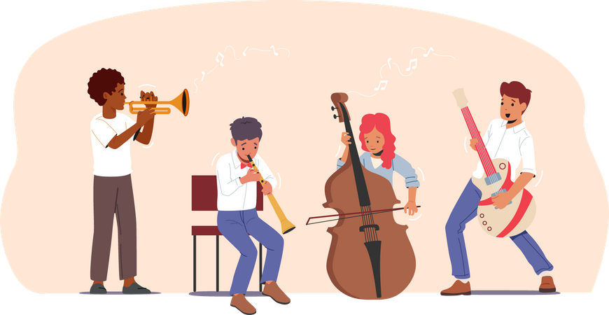 Niños entrenando en la escuela de música  Ilustración