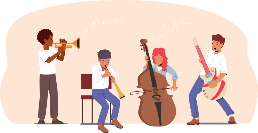 Niños entrenando en la escuela de música  Ilustración