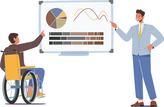 Entrenador de negocios dando consulta financiera a un hombre discapacitado presentando estadísticas de análisis de datos  Ilustración