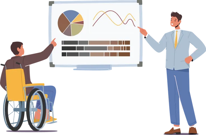 Entrenador de negocios dando consulta financiera a un hombre discapacitado presentando estadísticas de análisis de datos  Ilustración
