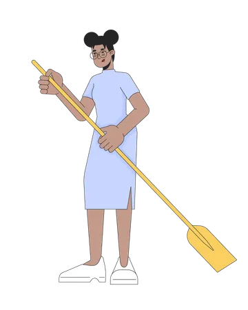 Formal wear black young woman holding paddle  Illustration