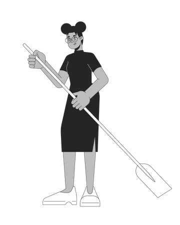 Formal wear black young woman holding paddle  Illustration