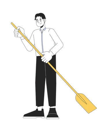 Formal Wear Korean Man Holding Paddle 2 D Linear Cartoon Character Asian Young Male Isolated Line Vector Person White Background Water Activity Paddleboarding Color Flat Spot Illustration Illustration