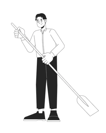 Formal Wear Korean Man Holding Paddle Black And White 2 D Line Cartoon Character Asian Young Male Isolated Vector Outline Person Water Activity Paddleboarding Monochromatic Flat Spot Illustration Illustration