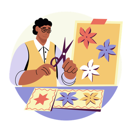 Personaje cortando formas con tijeras  Ilustración