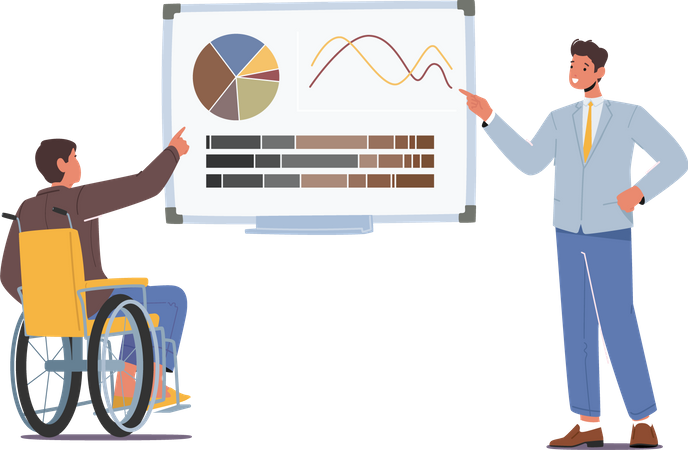 Formateur d'affaires donnant une consultation financière à un homme handicapé présentant des statistiques d'analyse de données  Illustration