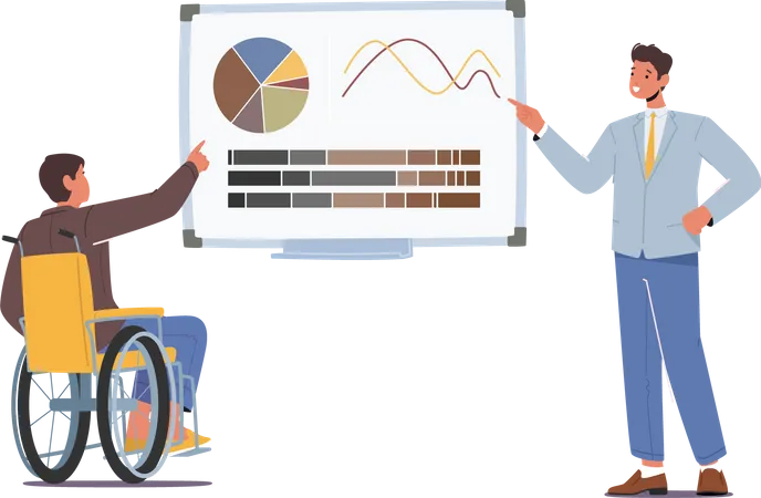 Formateur d'affaires donnant une consultation financière à un homme handicapé présentant des statistiques d'analyse de données  Illustration