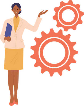 Formateur d'affaires femme en tenue formelle debout près des roues dentées partageant une idée efficace pour atteindre l'objectif  Illustration