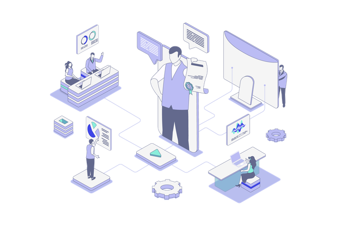 Formation de personnes avec un coach d'affaires lors d'une conférence pour les employés de l'entreprise  Illustration