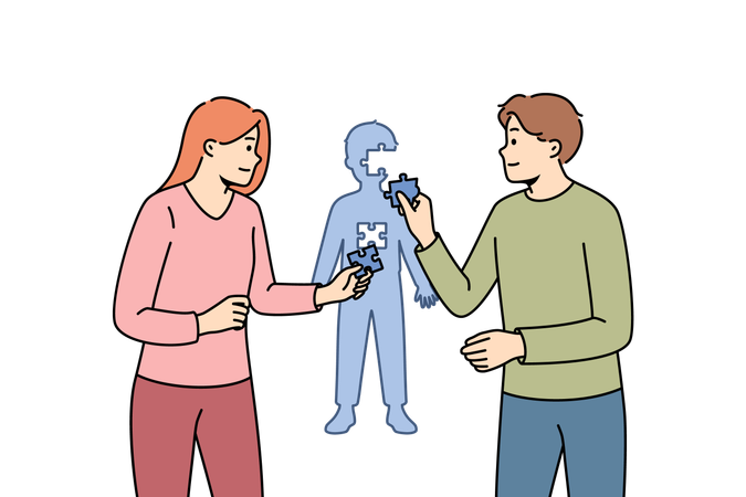 Formation of child personality thanks to parents assembling kid figure from puzzles  Illustration