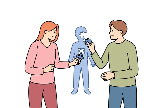 Formation of child personality thanks to parents assembling kid figure from puzzles  Illustration
