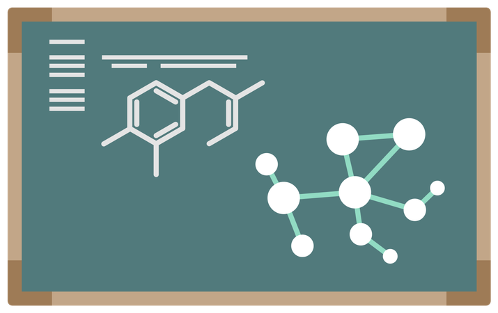 Fórmula molecular con elementos químicos en la pizarra  Ilustración