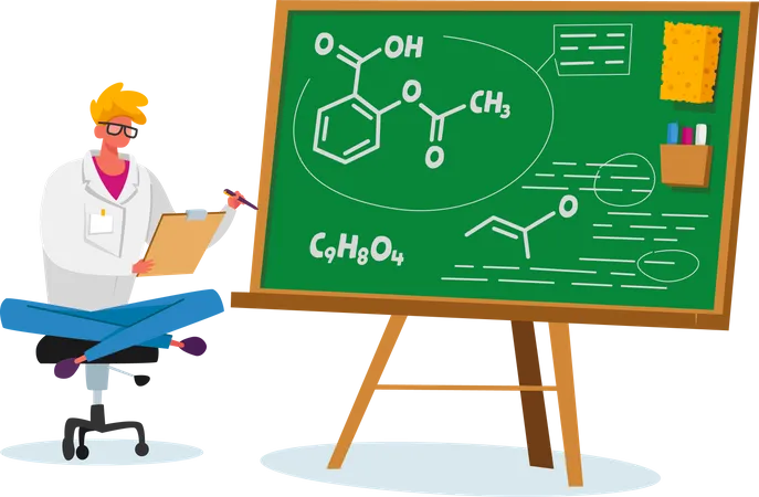 Produção de medicamentos e fórmula química de medicamentos  Ilustração