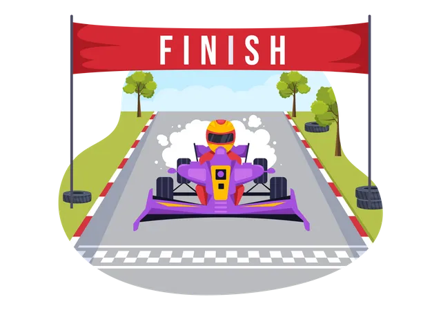 Formula Racing Sport Car Reach On Race Circuit The Finish Line Cartoon Illustration To Win The Championship In Flat Style Hand Drawn Templates Design Illustration