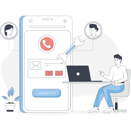 Formulario de contacto que se muestra en la pantalla de un teléfono móvil con campos para nombre, correo electrónico y envío de mensajes.  Ilustración