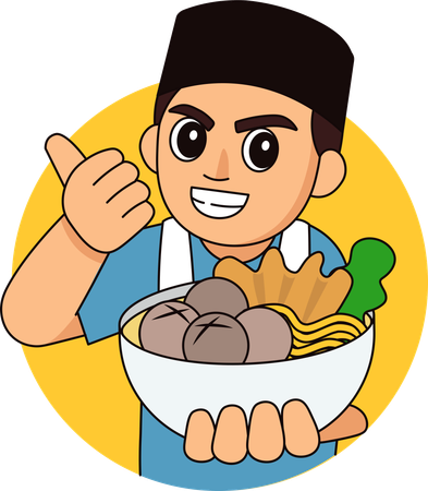 Vendedor de alimentos, vendedor, holding, Bakso  Ilustração