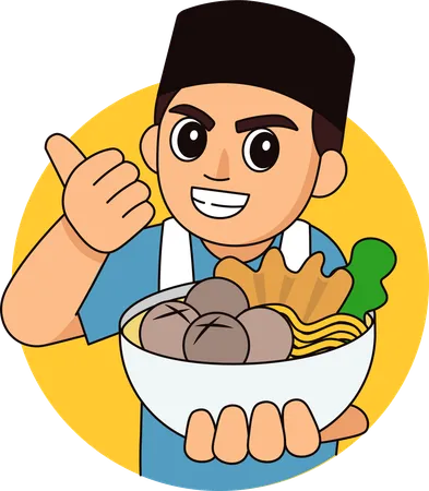 Vendedor de alimentos, vendedor, holding, Bakso  Ilustração