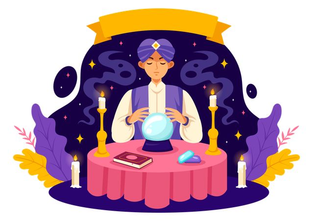 Fortune Teller with magic book and magic ball  Illustration