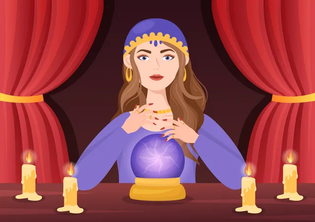Fortune Teller Template Hand Drawn Cartoon Flat Illustration With Crystal Ball Magic Book Or Cards For Predicts Fate And Telling The Future Concept Illustration