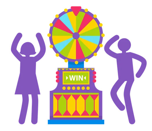 Purple Silhouettes Of Man And Woman Spinning Colorful Fortune Wheel Lottery And Gambling Lucky Roulette Game Of Chance Winning Money Gamesome Gambler Or Gamer Bet In Gaming Computer Machinery Illustration