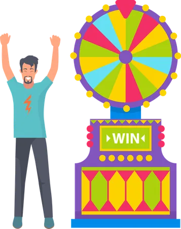 Casino Games Vector Fortune Wheel With Options And Colored Slots Man Happy Of Success And Victory Winning Money Lucky Character Raising Hands Up Flat Cartoon Illustration