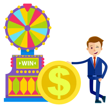 Businessman With Gold Coin Vector Isolated Person Playing In Casino Slot Machine With Segments And Pointer Gambling Fortune Wheel Spinning Flat Style Illustration
