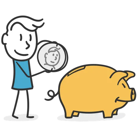 Forward thinking man who saves his earnings in a piggy bank  Illustration