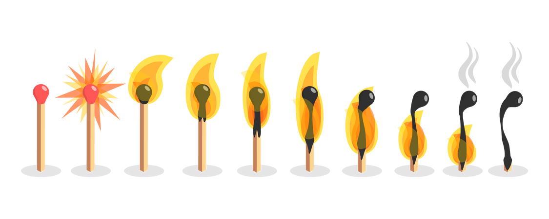 Fósforos encendidos y diferentes etapas.  Ilustración
