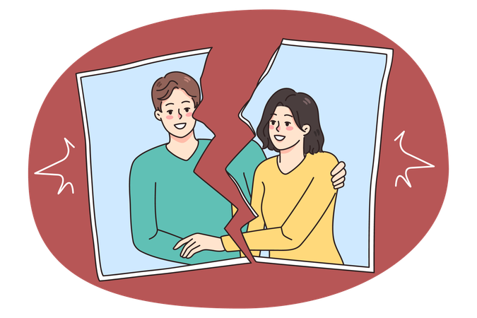 Imagen rota de una ex pareja sonriendo en una fotografía  Ilustración