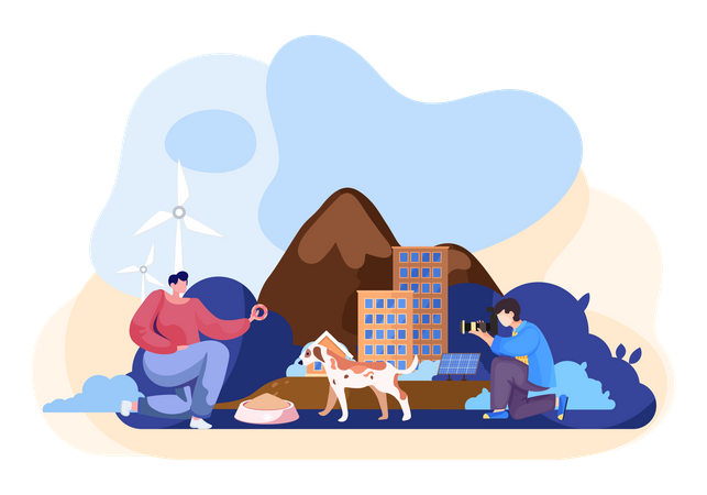 Fotograf macht Bilder von Frau, die den Hund füttert  Illustration