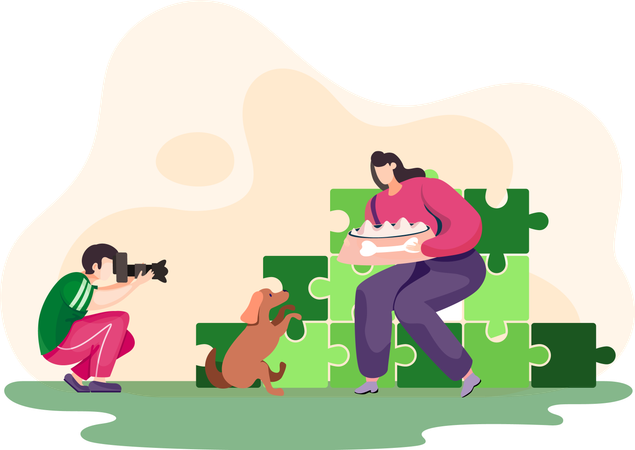 Der Fotograf fotografiert die junge Frau und ihren Hund im Park mit Puzzles im Hintergrund  Illustration