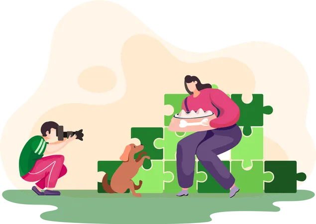 Der Fotograf fotografiert die junge Frau und ihren Hund im Park mit Puzzles im Hintergrund  Illustration