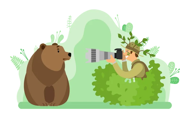 Fotógrafo de vida salvaje haciendo clic en la foto del oso  Ilustración