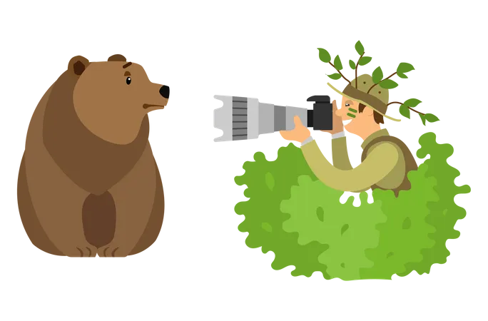 Fotógrafo escondido entre arbustos tomando fotos de un oso  Ilustración