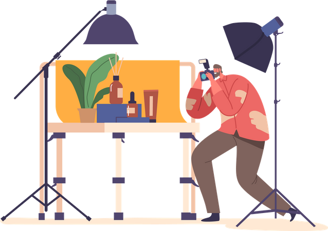Fotógrafo masculino captura cosméticos  Ilustración