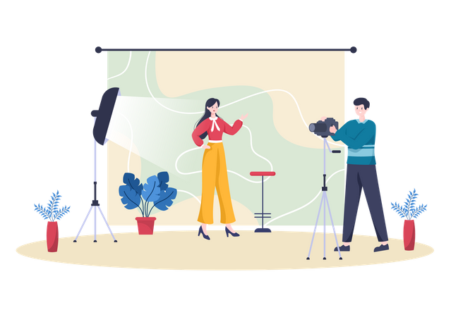 Fotógrafo masculino clicando na foto da modelo feminina  Illustration