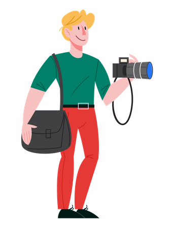 Fotógrafo masculino sosteniendo una cámara profesional  Ilustración