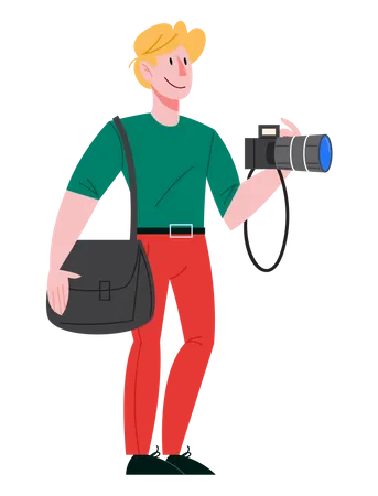 Fotógrafo masculino sosteniendo una cámara profesional  Ilustración