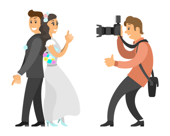 Fotógrafo tirando foto do casal recém-casado  Ilustração