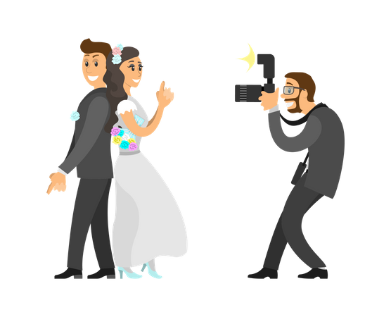 Fotógrafo tomando fotos de una pareja de recién casados  Ilustración