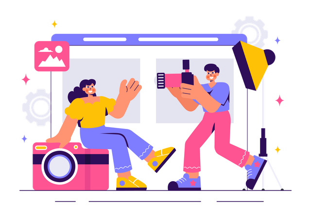 Fotógrafo tomando fotos de modelo en plataforma  Ilustración