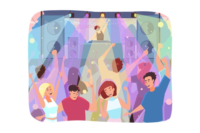 Foule de jeunes hommes et femmes heureux s'amusant à danser à la discothèque en boîte de nuit  Illustration