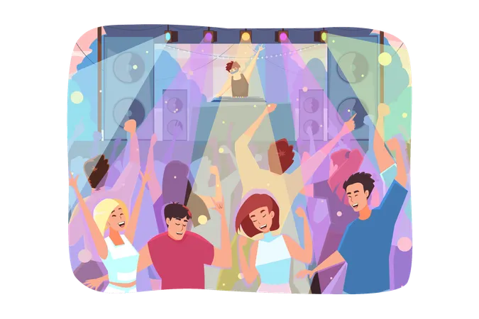 Foule de jeunes hommes et femmes heureux s'amusant à danser à la discothèque en boîte de nuit  Illustration